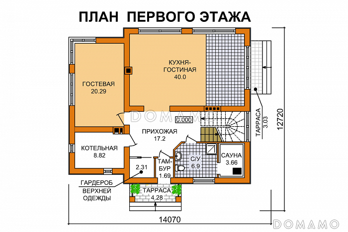 Проект дома с односкатной крышей, большим балконом и сауной / План 1 этажа