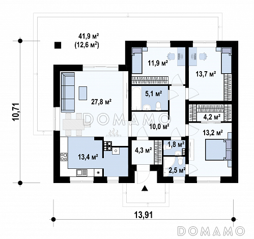 Проект дома с функциональной планировкой, светлыми помещениями, хозяйской спальней, гостиной с камином / План 1 этажа