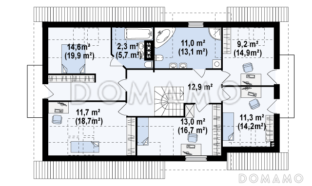 Проект одноэтажного дома из газобетона с четырьмя спальнями и кабинетом на мансардном этаже и встроенным гаражом / План мансардного этажа