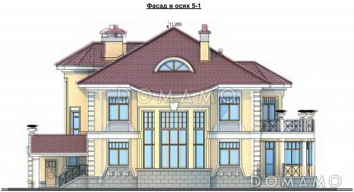 Проект коттеджа с двусветной гостиной, гаражом и террасой / Фасад 2