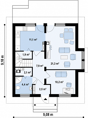 Проект одноэтажного мансардного дома из кирпича с тремя спальнями и кабинетом / План 1 этажа