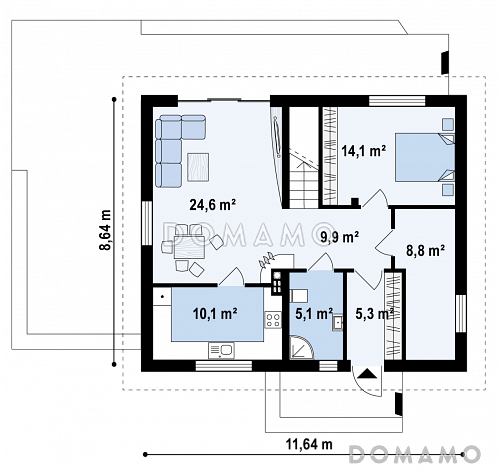 Проект одноэтажного дома из кирпича с оригинальной открытой террасой по периметру и с жилой мансардой / План 1 этажа