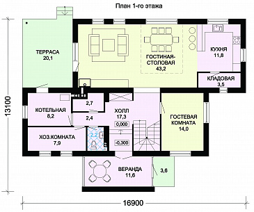 Проект дома из пеноблоков с четырьмя просторными спальными комнатами на мансардном этаже / План 1 этажа