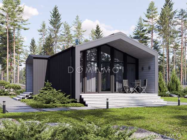 Проект каркасного дома в стиле барнхаус с одной спальней и кухней-гостиной