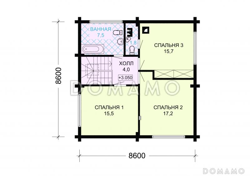 Проект одноэтажного дома из оцилиндрованного бревна с мансардой с просторной гостиной / План мансардного этажа