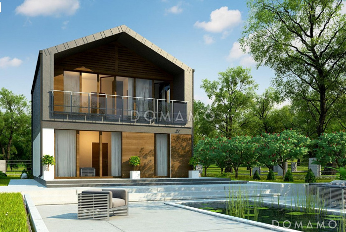 Проект компактного двухэтажного дома в стиле барнхаус с тремя спальнями, кабинетом и большой лоджией