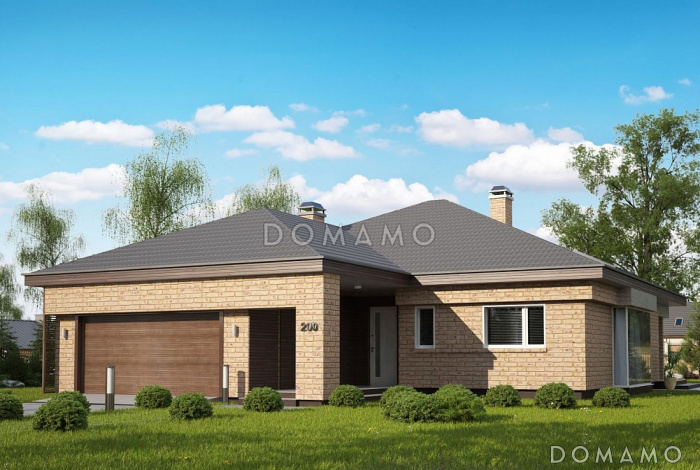 Проект одноэтажного дома из кирпича со стеклянным эркером в просторной гостиной и гаражом на два автомобиля с кирпичной облицовкой