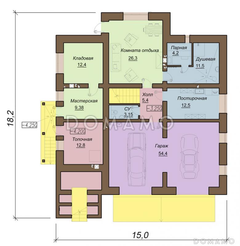 Проект двухэтажного коттеджа с цокольным этажом, гаражом и парной / План цокольного этажа