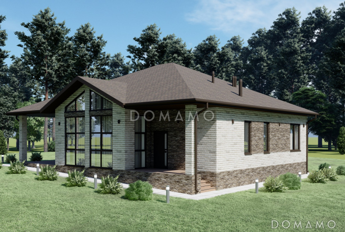 Проект одноэтажного дома со вторым светом для неровного участка S-152