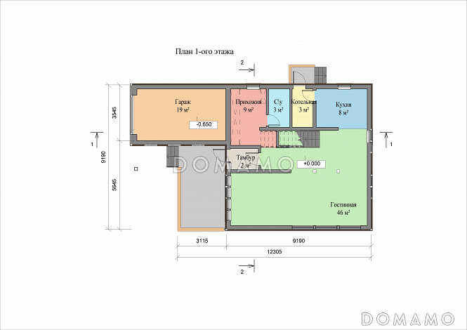 Проект двухэтажного коттеджа с гаражом / План 1 этажа