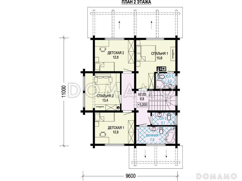 Проект двухэтажного дома из бруса с пятью комнатами, эркером и крытой террасой / План 2 этажа