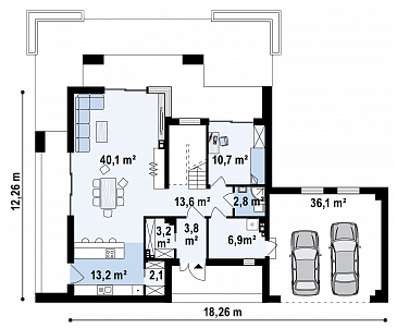 Проект современного двухэтажного дома из кирпича с пятью спальнями, с гаражом для двух автомобилей и террасами на обоих уровнях / План 1 этажа