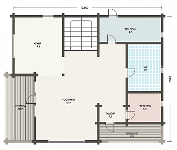 Проект деревянного дома из клееного бруса с гостинной на втором этаже / План 1 этажа