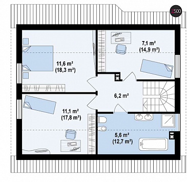 Проект одноэтажного мансардного дома из кирпича с тремя спальнями, кабинетом и эркером в гостиной / План мансардного этажа
