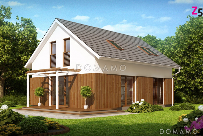 Проект одноэтажного мансардного дома из кирпича с навесом для автомобиля