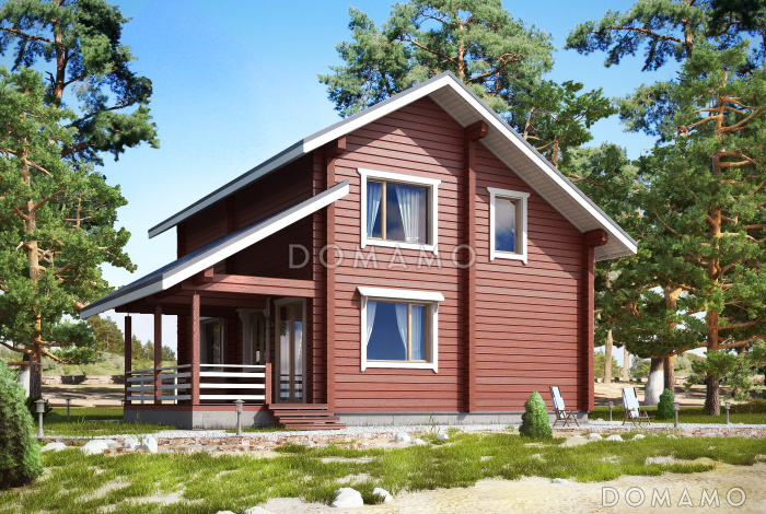 Проект современного дома из бруса в насыщенно-вишневом цвете с крытой террасой