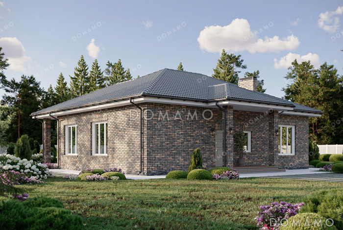 Проект одноэтажного дома с тремя спальнями, большой террасой и сауной