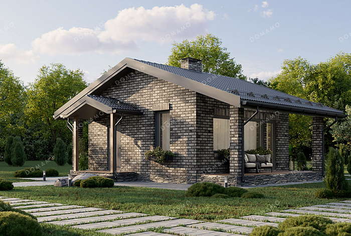 Проект компактной одноэтажной бани в классическом стиле с большой террасой, витражным остеклением и просторной комнатой отдыха