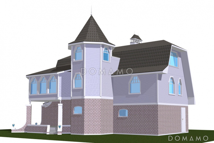 Проект большого коттеджа с башенкой, зимним садом и гаражом