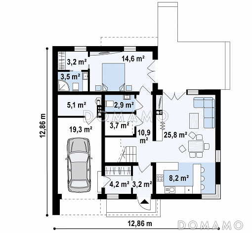 Проект компактного современного двухэтажного дома из кирпича в стиле модерн, с террасой на втором уровне и с гаражом / План 1 этажа