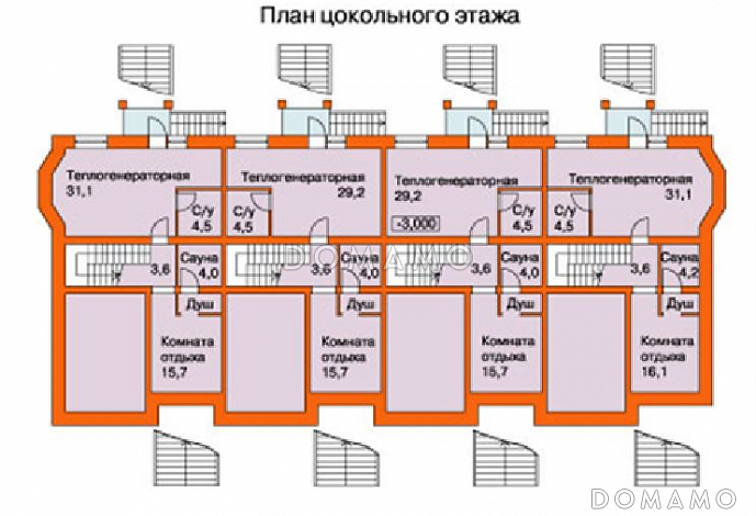 Проект таунхауса на четыре семьи / План цокольного этажа