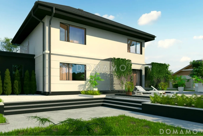 Проект кирпичного двухэтажного дома с гаражом, мастер-спальней и террасой на втором этаже