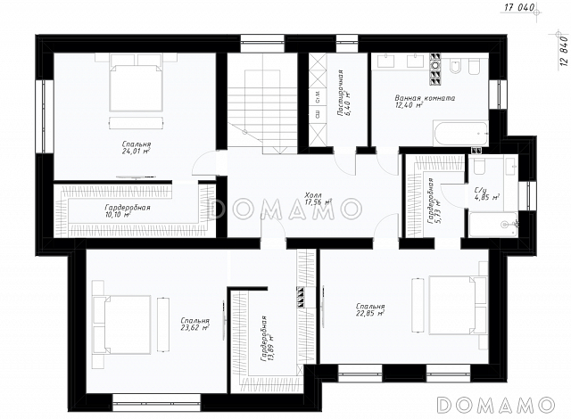Проект двухэтажного дома в стиле Райта с кухней-столовой, застекленной террасой, постирочной на втором этаже / План 2 этажа