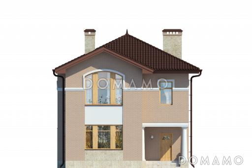 Проект дома с крытой террасой, колоннами, кухней-столовой с полукруглой стеной на террасу, эркером, спальнями и кабинетом на втором этаже / Фасад 3