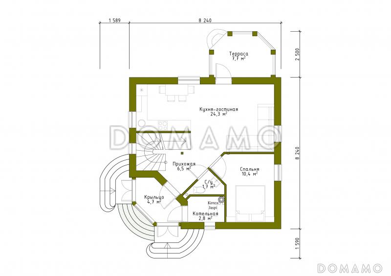Проект квадратного кирпичного коттеджа  со входом с угла / План 1 этажа