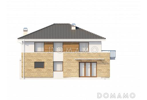 Проект современного двухэтажного дома из газобетона с четырьмя спальнями, балконом и встроенным гаражом  / Фасад 3