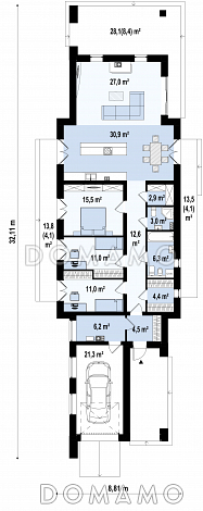 Проект современного одноэтажного дома из газобетона для узкого участка с плоской крышей с тремя спальнями и гаражом  / План 1 этажа