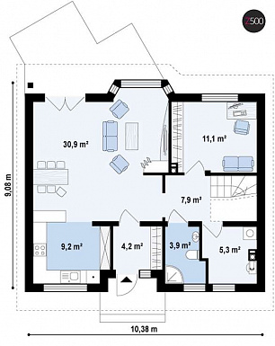 Проект одноэтажного мансардного дома из кирпича с тремя спальнями, кабинетом и эркером в гостиной / План 1 этажа