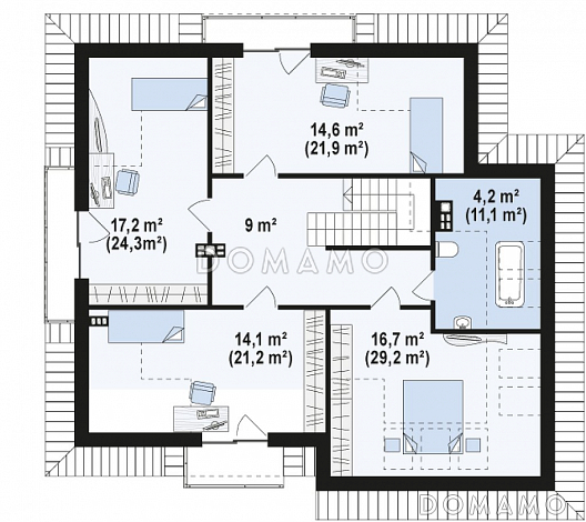 Проект классического одноэтажного мансардного дома из газобетона с дополнительными спальнями на первом этаже и мансардном, с тремя балконами и гаражом на два автомобиля / План мансардного этажа