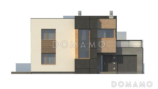 Проект современного двухэтажного дома из кирпича с техническим помещением, гаражом и открытой террасой на втором этаже / Фасад 1