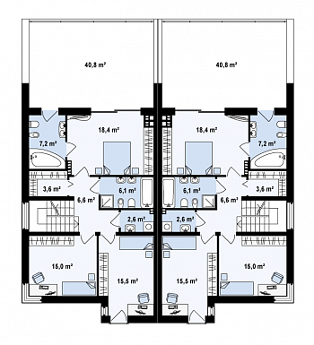 Проект мансардных домов-близнецов из газобетона современного дизайна с гаражом и террасой на втором этаже / План 2 этажа