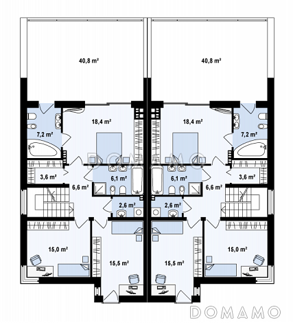 Проект мансардных домов-близнецов из газобетона современного дизайна с гаражом и террасой на втором этаже / План 2 этажа