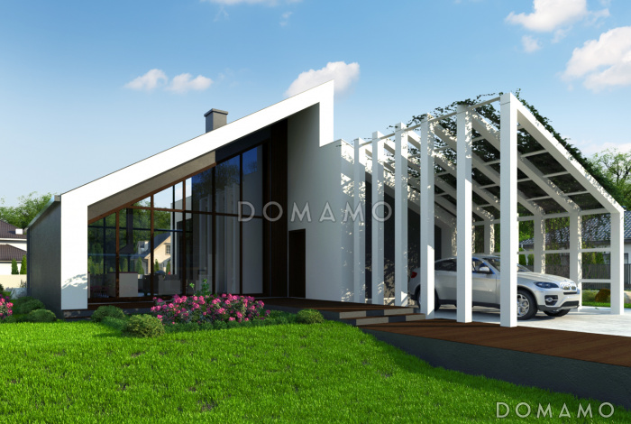 Проект одноэтажного дома с косой крышей, большими террасами, панорамным остеклением дневной зоны