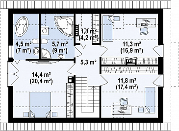 Проект одноэтажного мансардного дома из газобетона с просторной светлой гостиной / План мансардного этажа