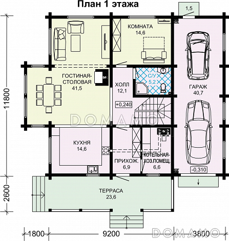 Проект деревянного мансардного дома с гаражом на 2 автомобиля / План 1 этажа
