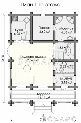 Проект дома из оцилиндрованного бревна с парной, хозяйской спальней с выходом на просторный балкон / План 1 этажа