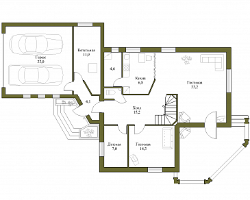 Проект коттеджа с гаражом, террасой и подвалом / План 1 этажа