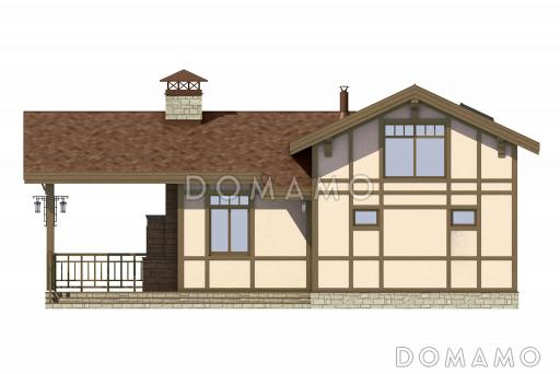 Проект дома с просторной крытой террасой с барбекю, гостиной с кухней-столовой, сауной и душевой, вторым светом и спальней на мансарде / Фасад 1
