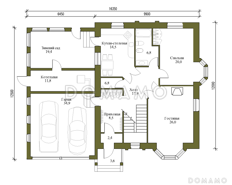 Проект просторного двухэтажного коттеджа с гаражом / План 1 этажа