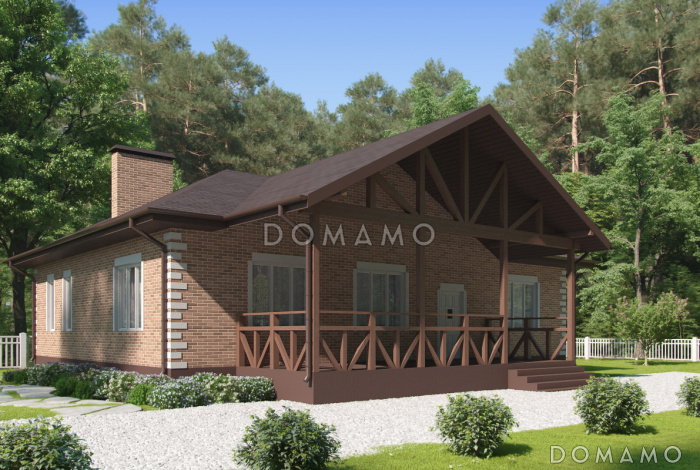 Проект одноэтажного дома из газобетона с верандой, кухней-столовой, тремя спальнями