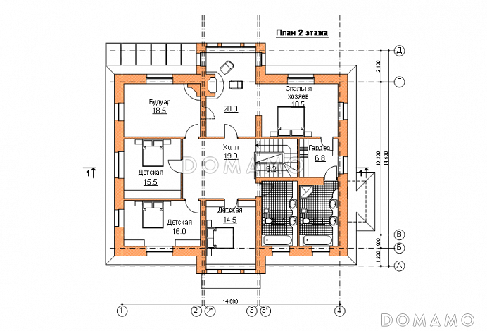 Проект двухэтажного коттеджа с террасой / План 2 этажа