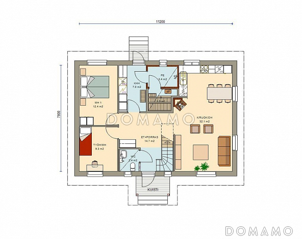 Проект каркасного дома с мансардой и четырьмя спальнями / План 1 этажа
