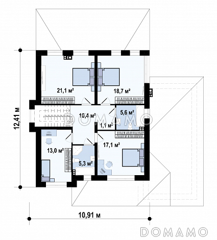 Проект  двухэтажного дома с гаражом для машины, подвалом, крытой террасой, кладовой на кухне, постирочной / План 2 этажа