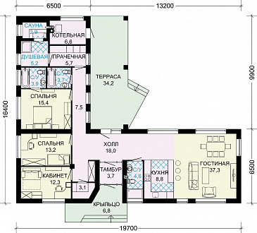 Проект одноэтажного дома с двумя спальными комнатами и небольшой сауной / План 1 этажа