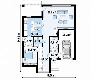 Проект современного двухэтажного дома из газобетона с дополнительной спальней на первом этаже и гаражом / План 1 этажа