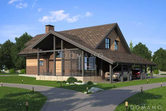 Проект дома с навесом на две машины, двумя террасами, гостиной с камином, спальней на первом этаже, балконом